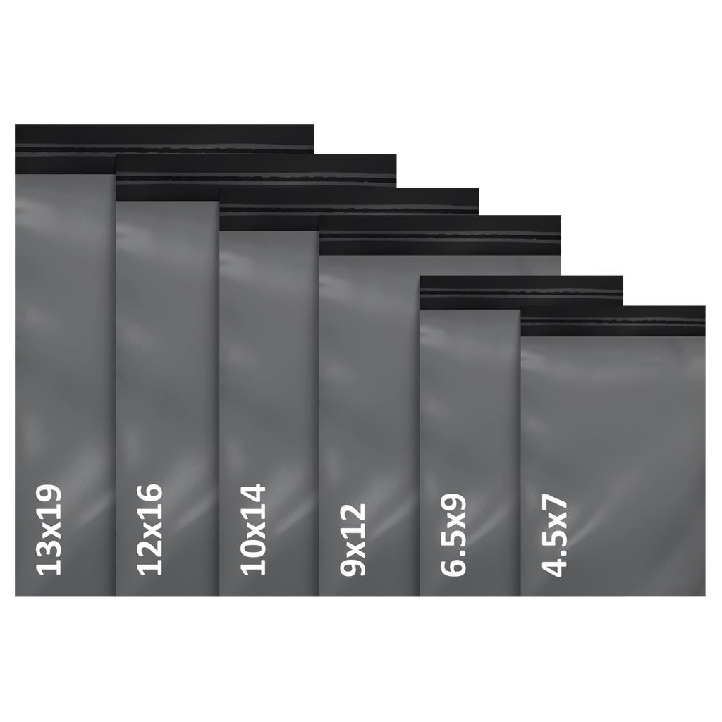 Assorted pack of grey mailing bags in multiple sizes for bulk and trade buyers
