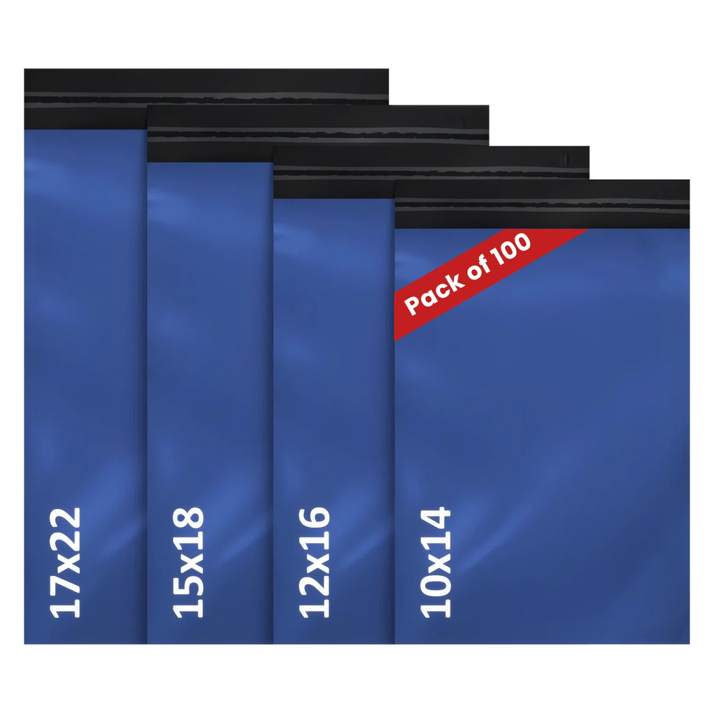 Blue mailing bags assorted pack of 100 in sizes 10x14, 12x16, 15x18 and 17x22 for postage and packaging
