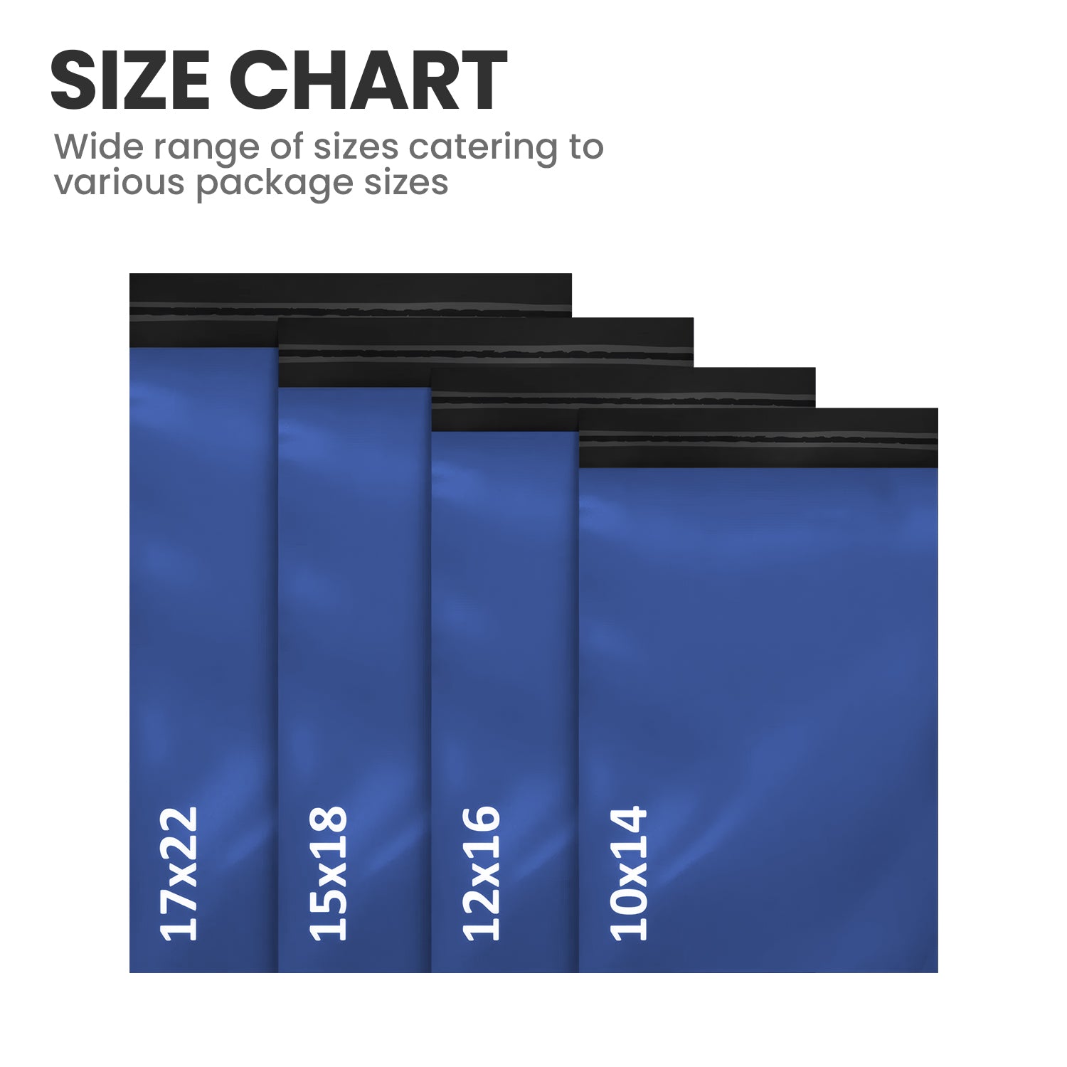 Size chart showing a range of blue mailing bag sizes for parcels and postal packaging.