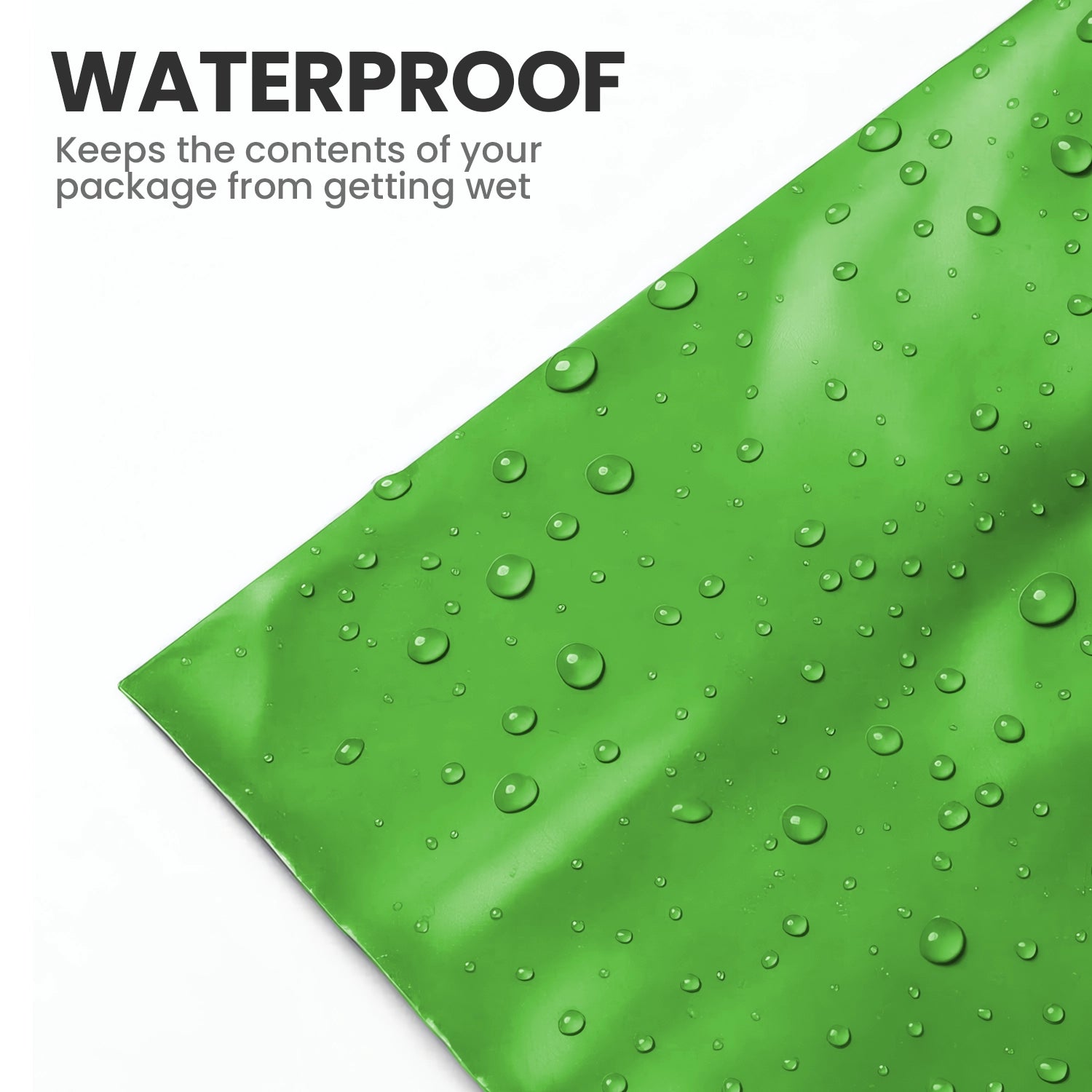 Close-up of a green mailing bag with water droplets showing its moisture-resistant design.