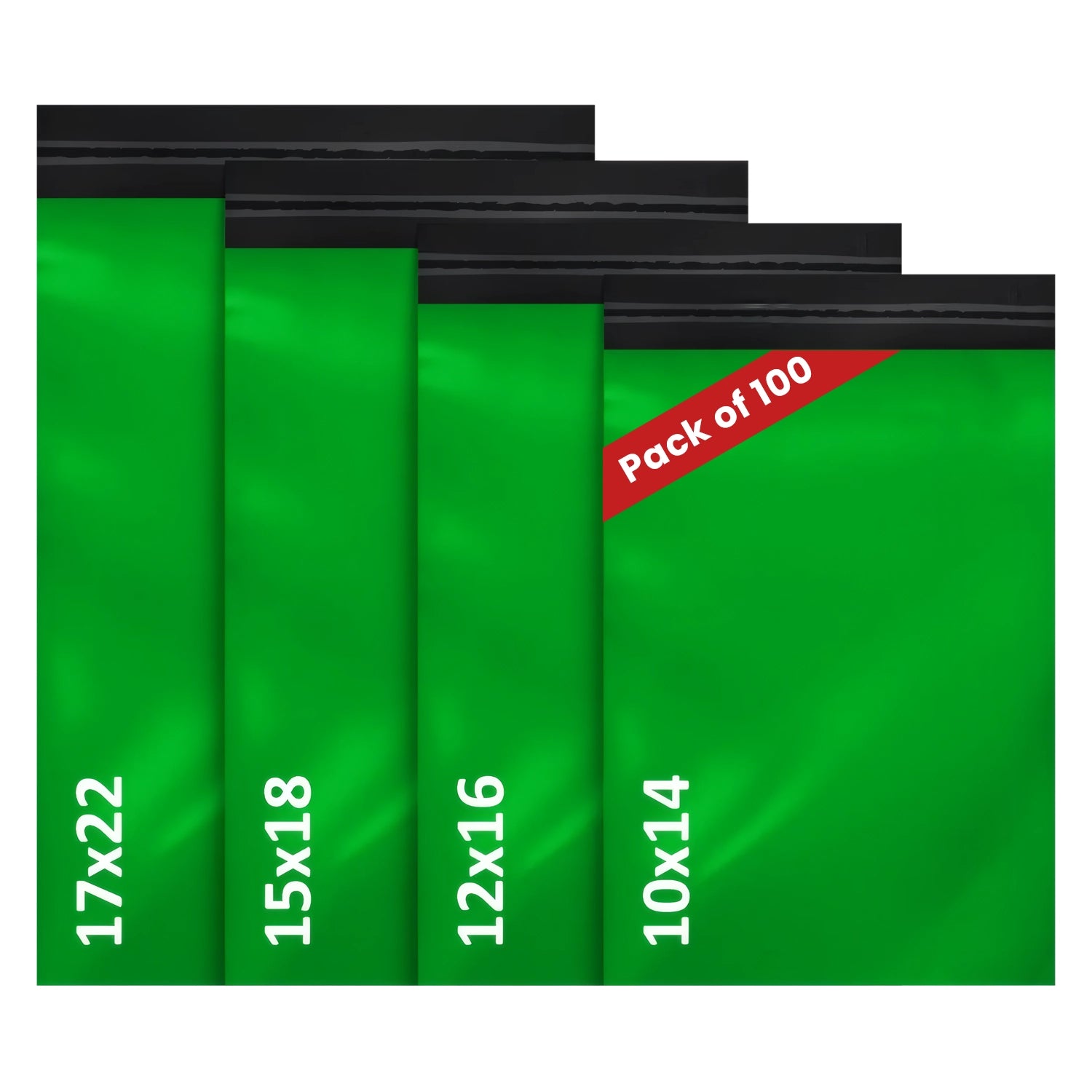 green mailing bags assorted pack of 100 in sizes 10x14, 12x16, 15x18 and 17x22 for postage and packaging.