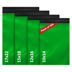 green mailing bags assorted pack of 100 in sizes 10x14, 12x16, 15x18 and 17x22 for postage and packaging.
