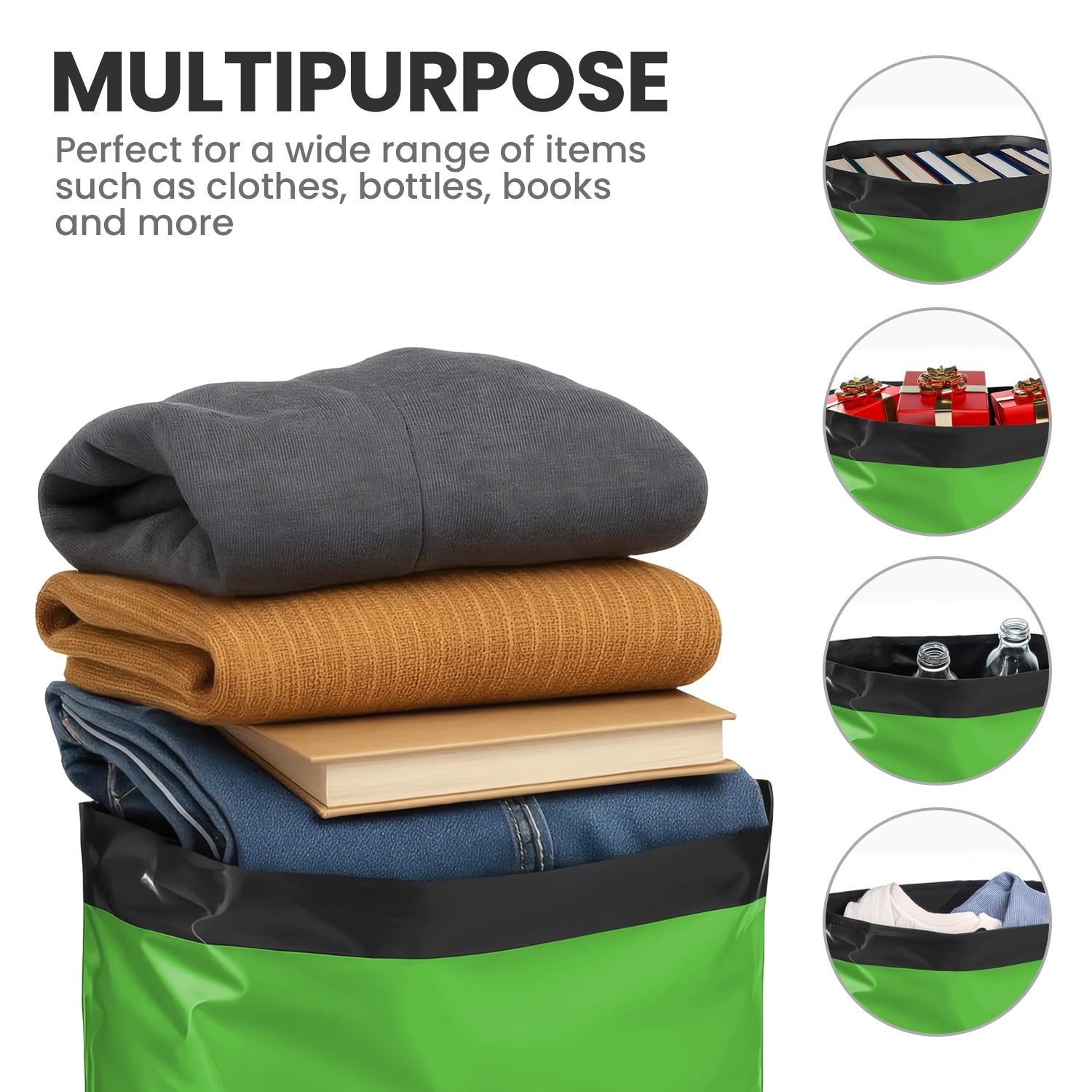 Green multipurpose mailing bag filled with clothes, books and gifts showing its use for varied packaging items.