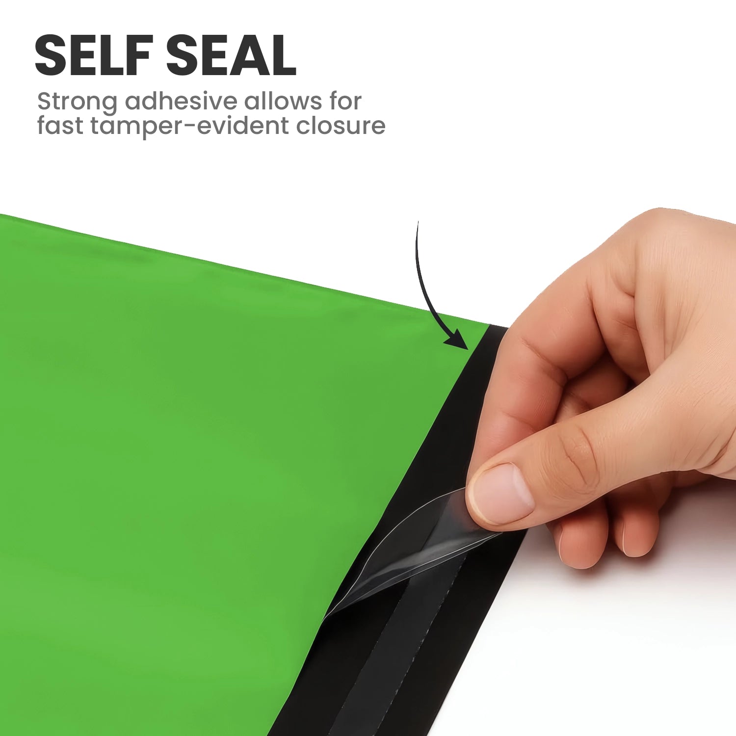 Hand peeling the adhesive strip of a green self-seal mailing bag showing its strong tamper-evident