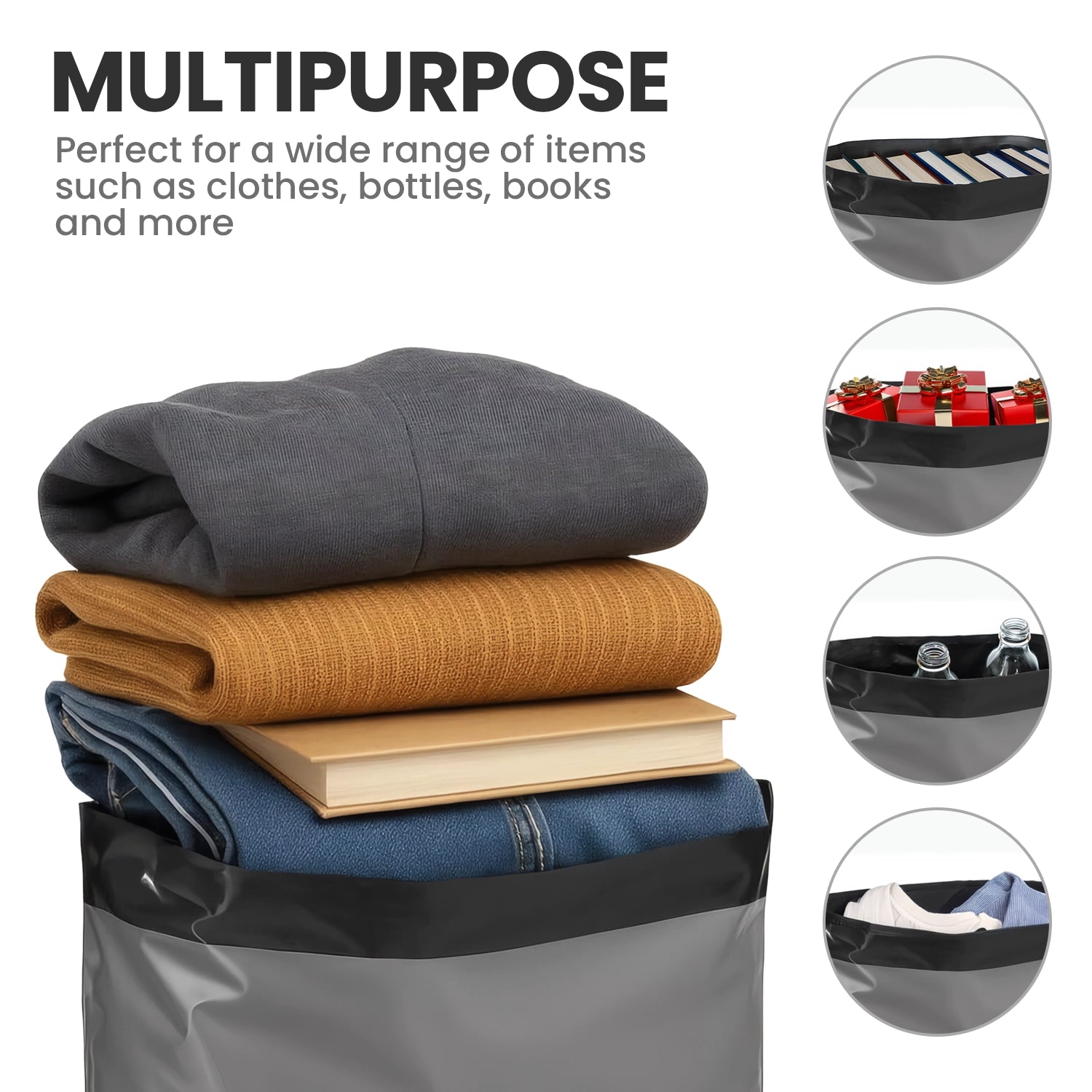 Grey multipurpose mailing bag filled with clothes, books and gifts showing its use for varied packaging items