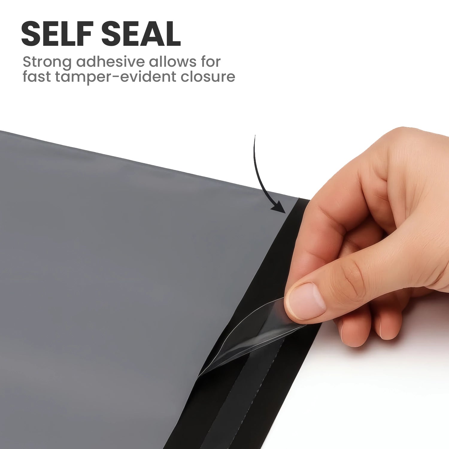 Hand peeling the adhesive strip of a grey self-seal mailing bag showing its strong tamper-evident closure.