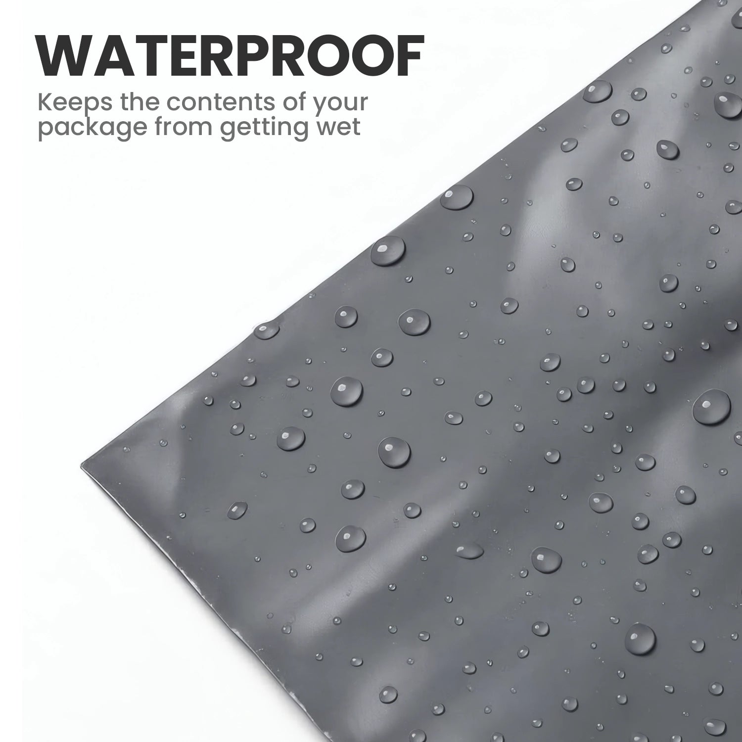 Close-up of a grey mailing bag with water droplets showing its moisture-resistant design.