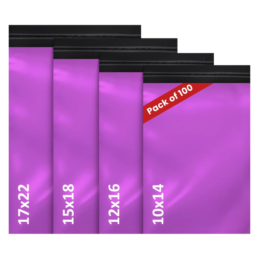 pink mailing bags assorted pack of 100 in sizes 10x14, 12x16, 15x18 and 17x22 for postage and packaging.