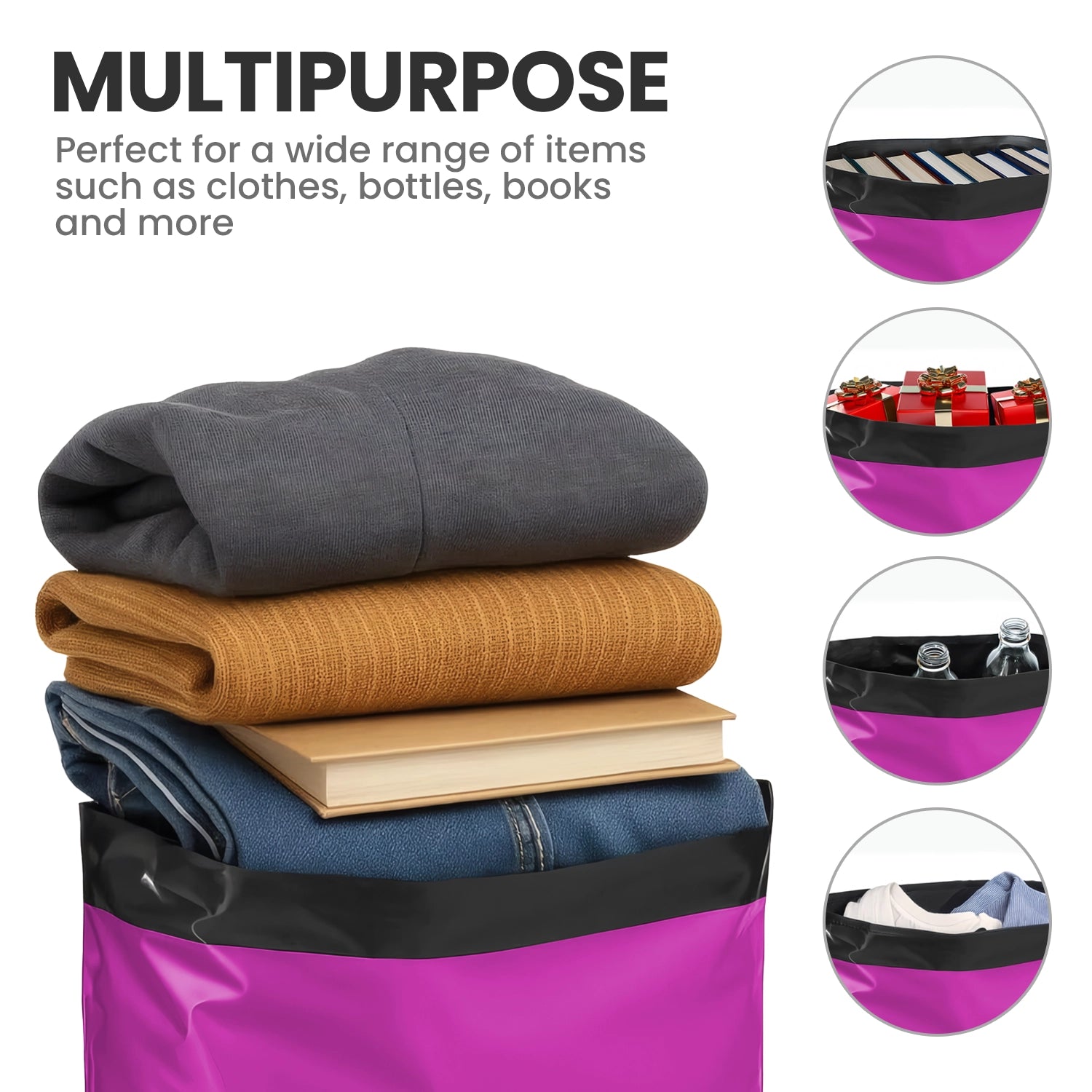 pink multipurpose mailing bag filled with clothes, books and gifts showing its use for varied packaging items.