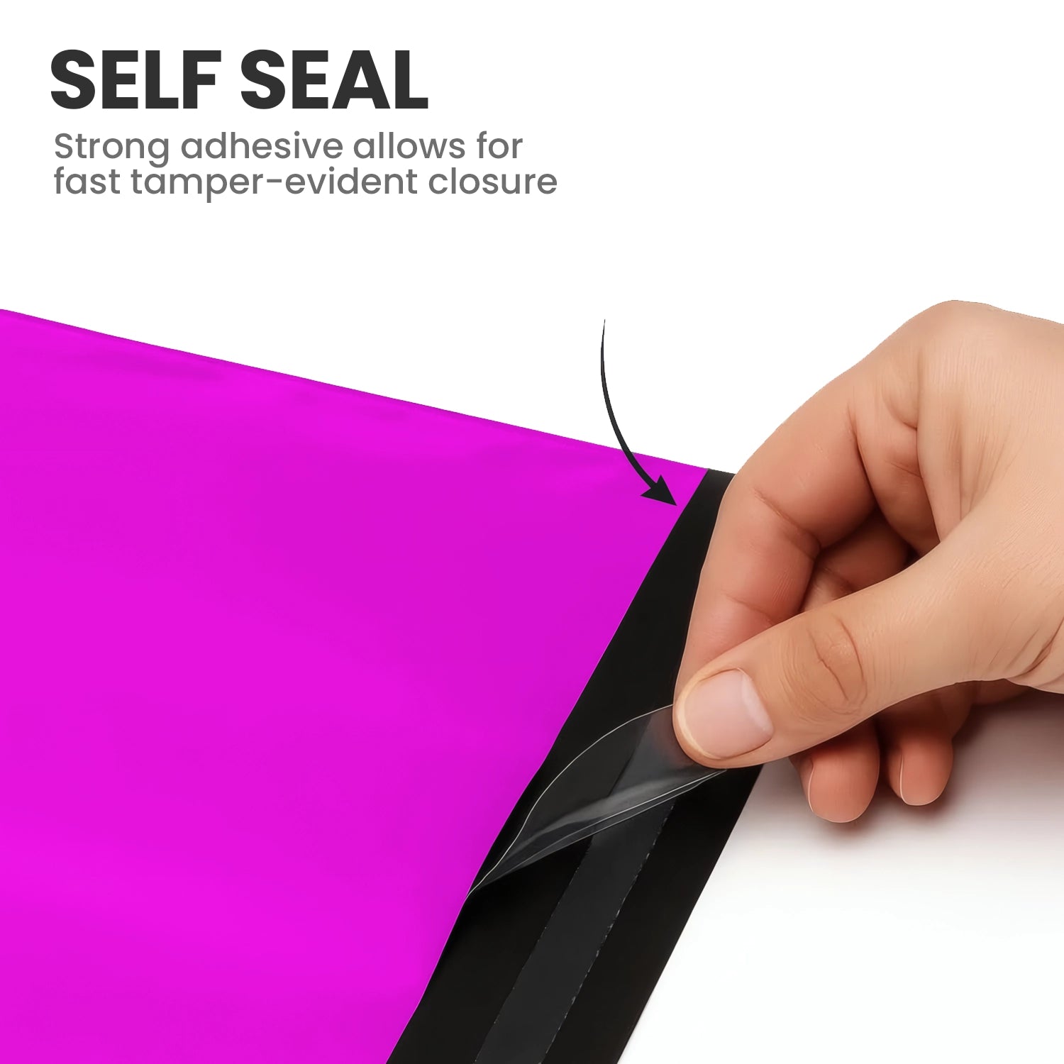 Hand peeling the adhesive strip of a pink self-seal mailing bag showing its strong tamper-evident closure.