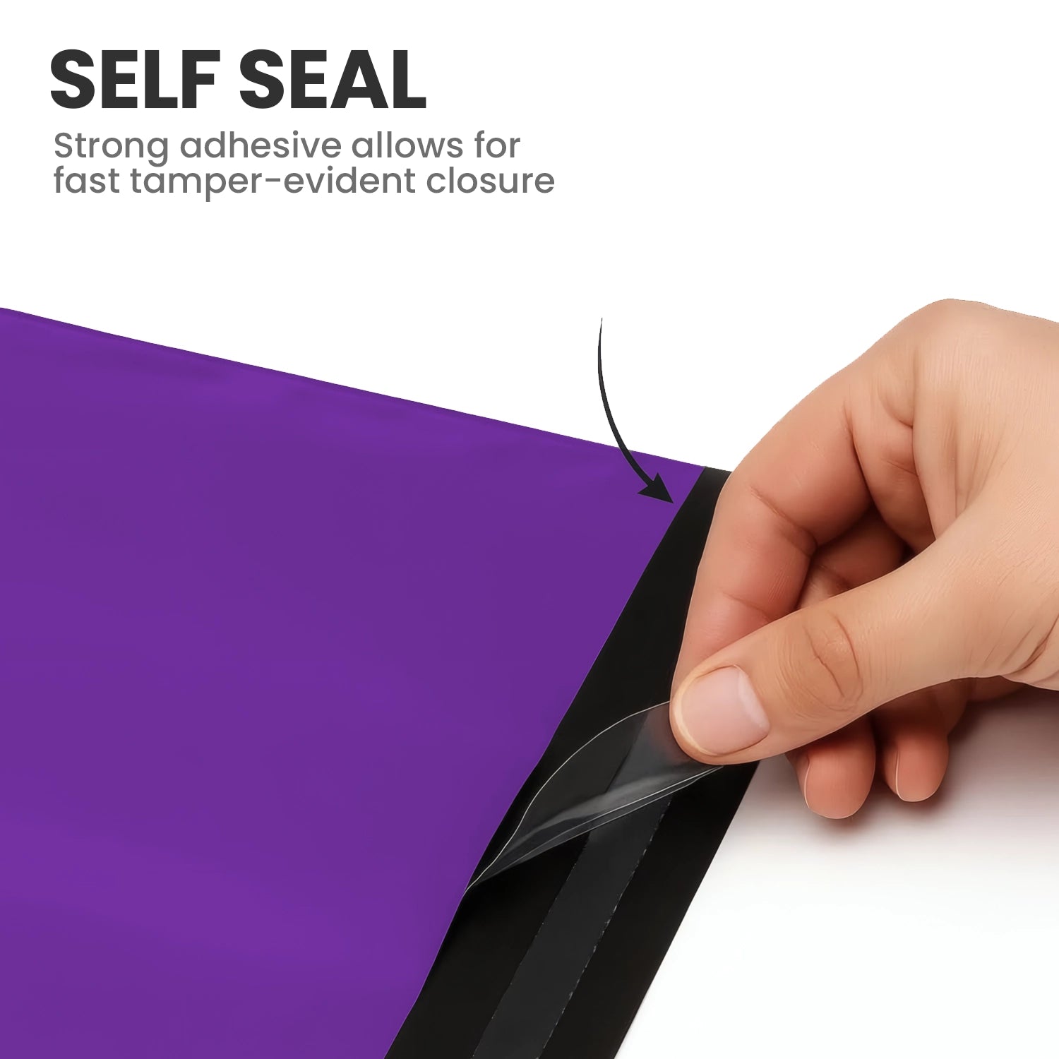 Hand peeling the adhesive strip of a purple self-seal mailing bag showing its strong tamper-evident closure.