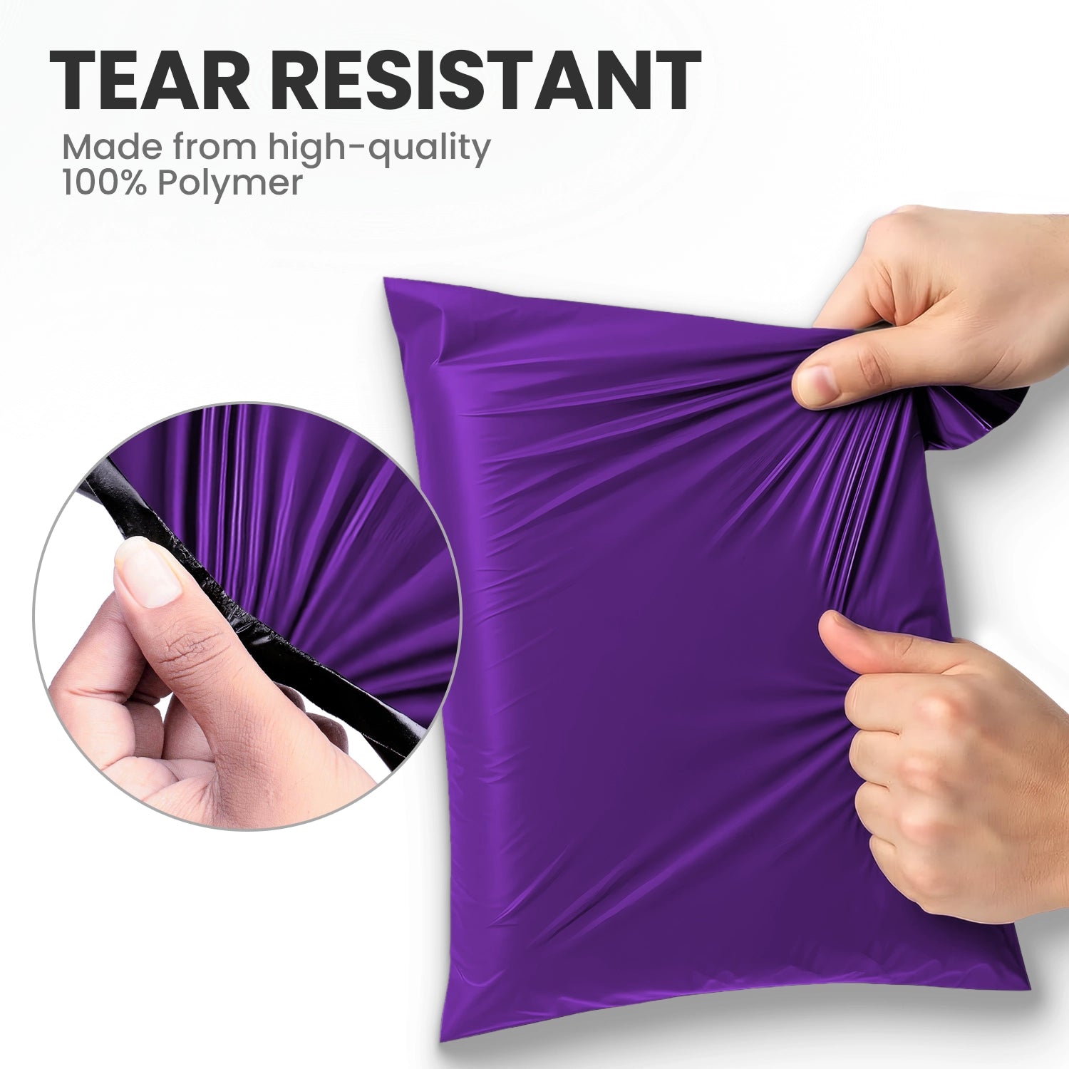 Hands stretching a purple tear-resistant mailing bag made from strong polymer to show its durable design.